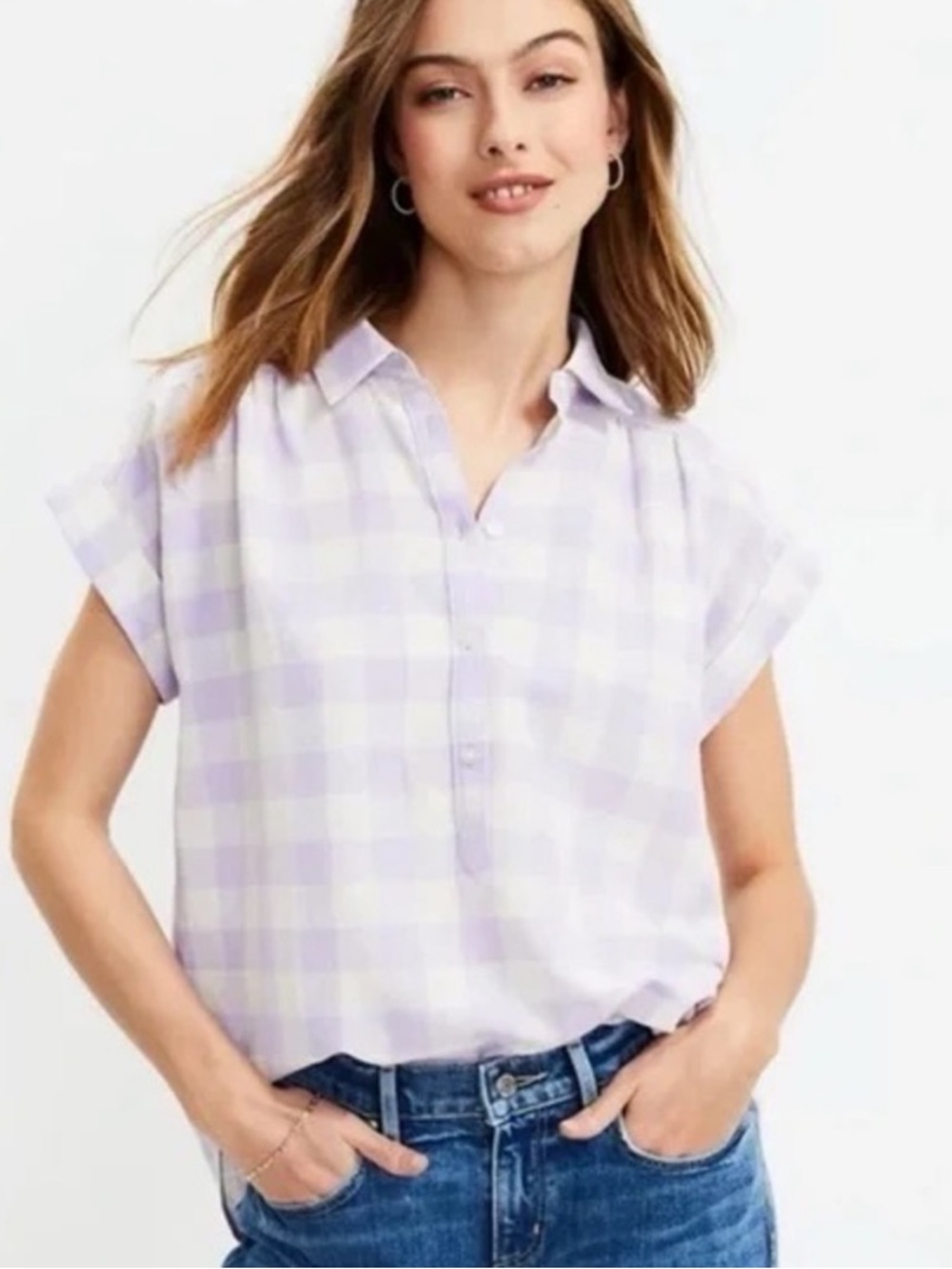 LOFT Lavender Gingham Top — Size Large